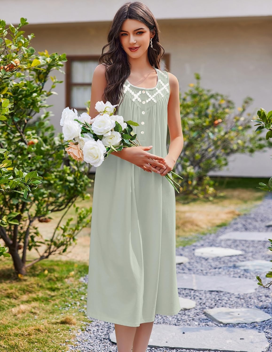 image:imageEkouaer Nightgowns for Women Cotton Long Night Gown Sleeveless Sleep Dress Victorian Nightdress Ladies SleepwearLight Green