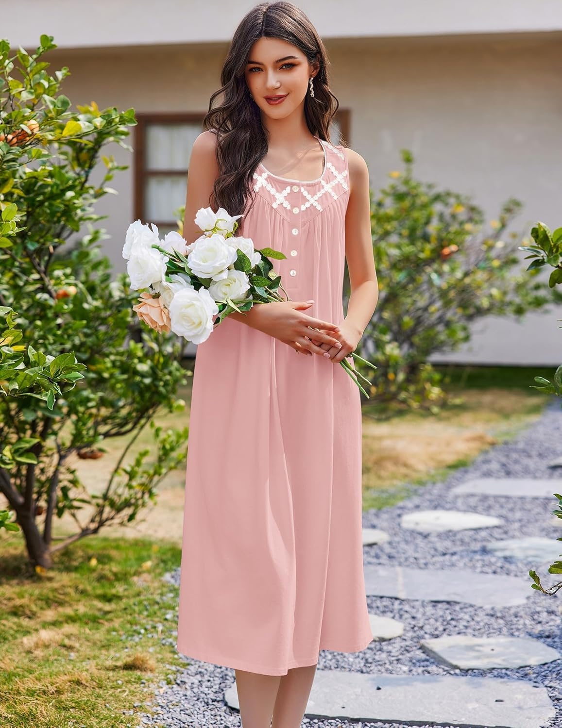 image:imageEkouaer Nightgowns for Women Cotton Long Night Gown Sleeveless Sleep Dress Victorian Nightdress Ladies SleepwearLight Pink
