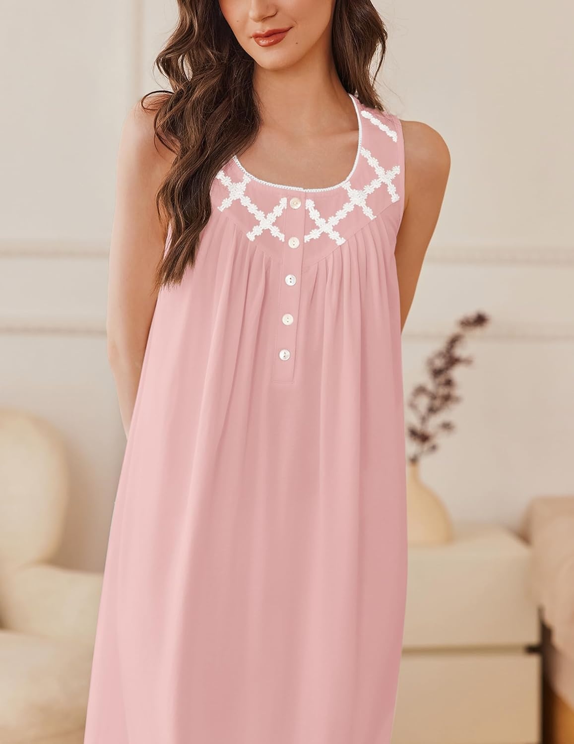 image:imageEkouaer Nightgowns for Women Cotton Long Night Gown Sleeveless Sleep Dress Victorian Nightdress Ladies SleepwearLight Pink