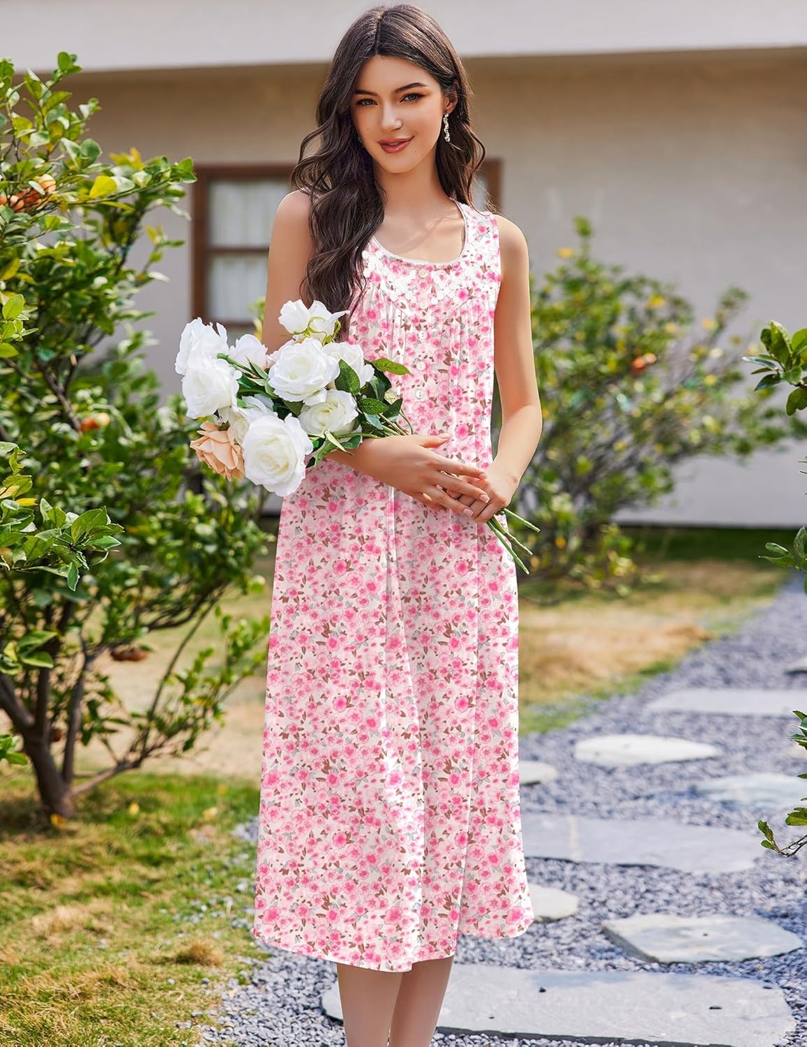 image:imageEkouaer Nightgowns for Women Cotton Long Night Gown Sleeveless Sleep Dress Victorian Nightdress Ladies SleepwearPink Florals