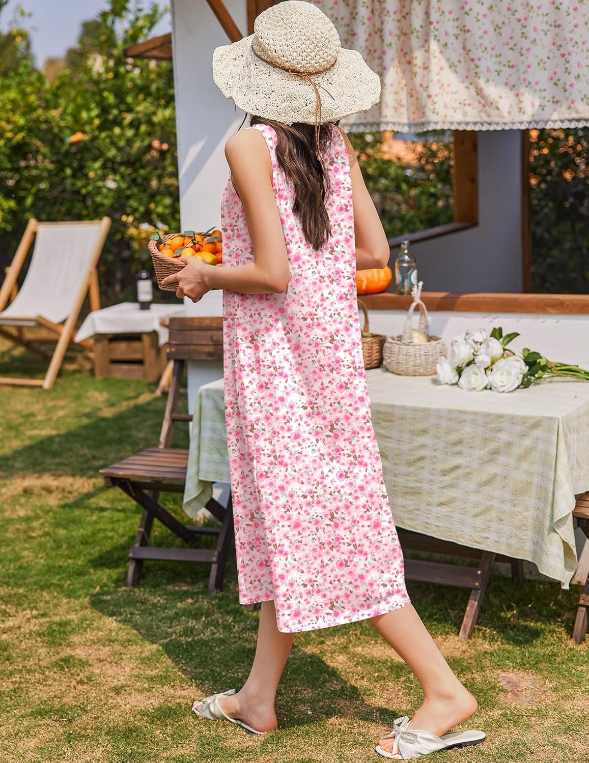 image:imageEkouaer Nightgowns for Women Cotton Long Night Gown Sleeveless Sleep Dress Victorian Nightdress Ladies SleepwearPink Florals
