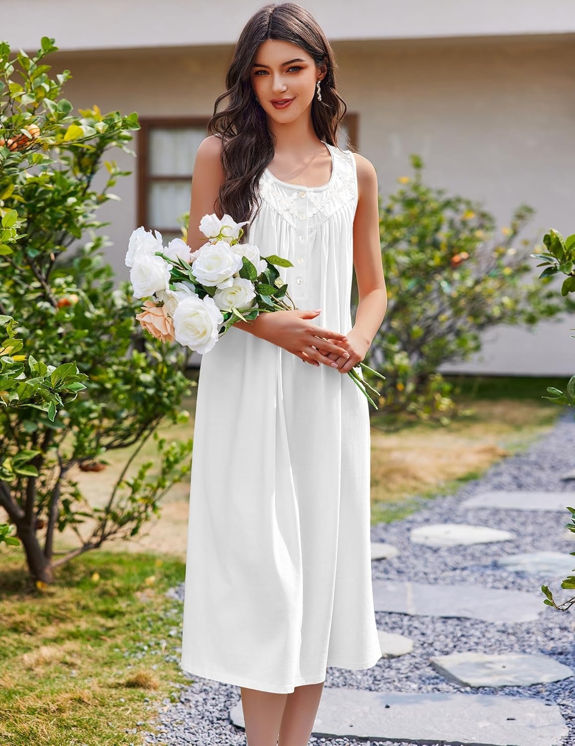 image:imageEkouaer Nightgowns for Women Cotton Long Night Gown Sleeveless Sleep Dress Victorian Nightdress Ladies SleepwearWhite