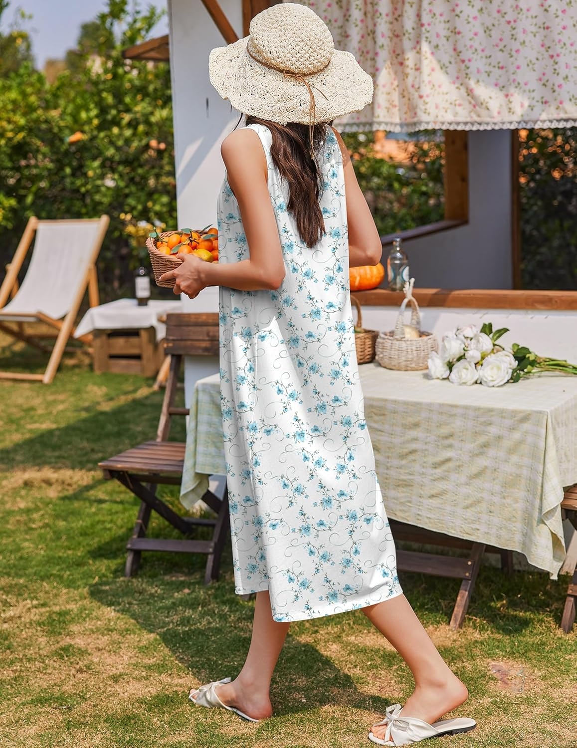 image:imageEkouaer Nightgowns for Women Cotton Long Night Gown Sleeveless Sleep Dress Victorian Nightdress Ladies SleepwearWhite Blue Florals