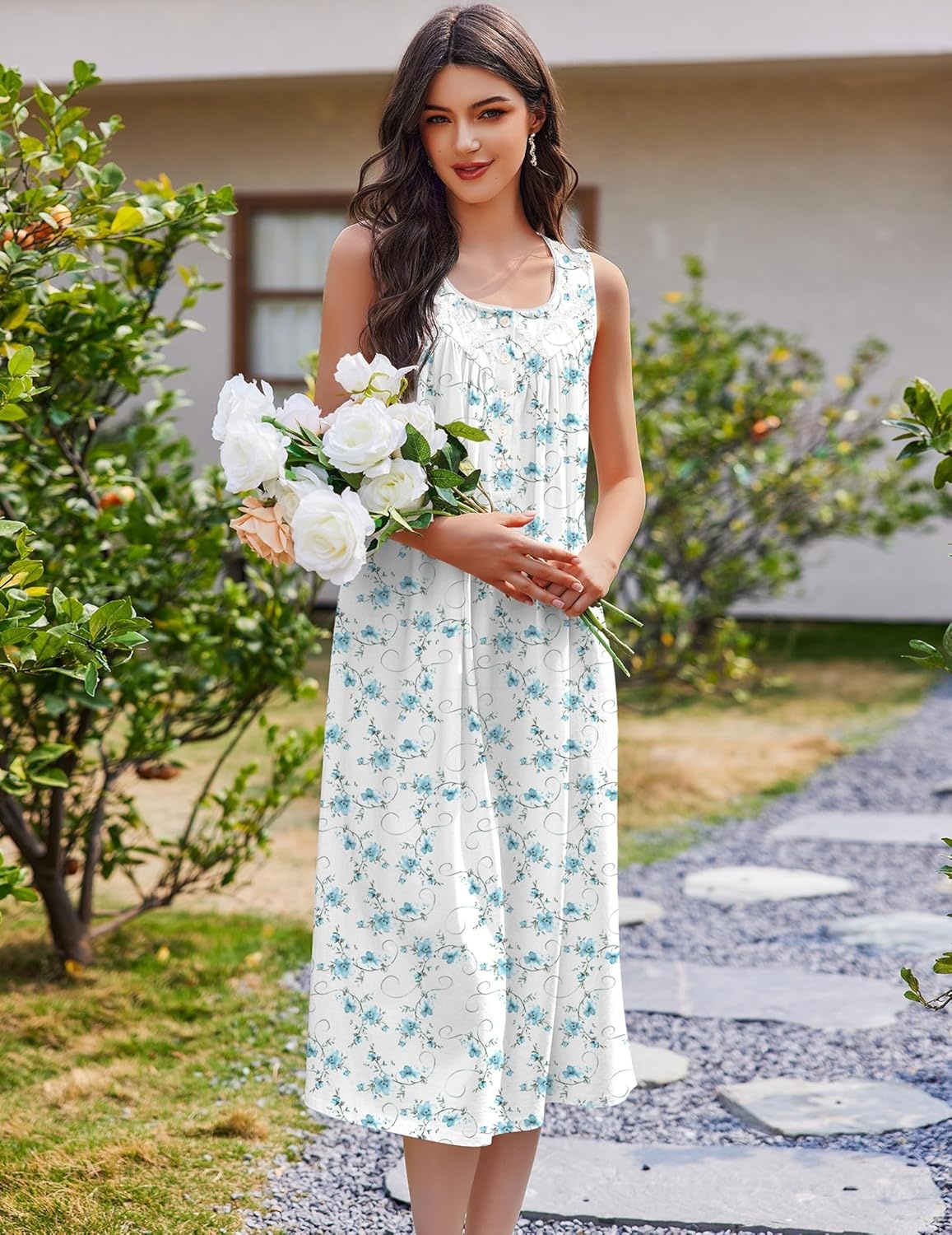 image:imageEkouaer Nightgowns for Women Cotton Long Night Gown Sleeveless Sleep Dress Victorian Nightdress Ladies SleepwearWhite Blue Florals