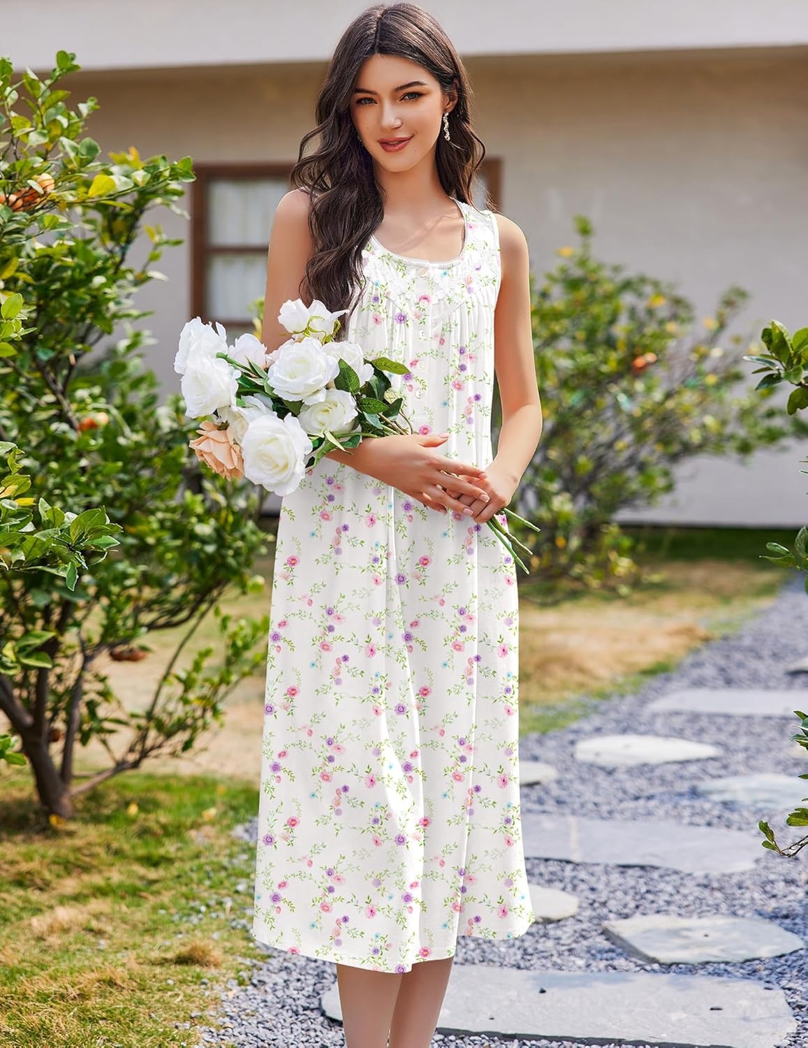 image:imageEkouaer Nightgowns for Women Cotton Long Night Gown Sleeveless Sleep Dress Victorian Nightdress Ladies SleepwearWhite Pink Lilac Florals