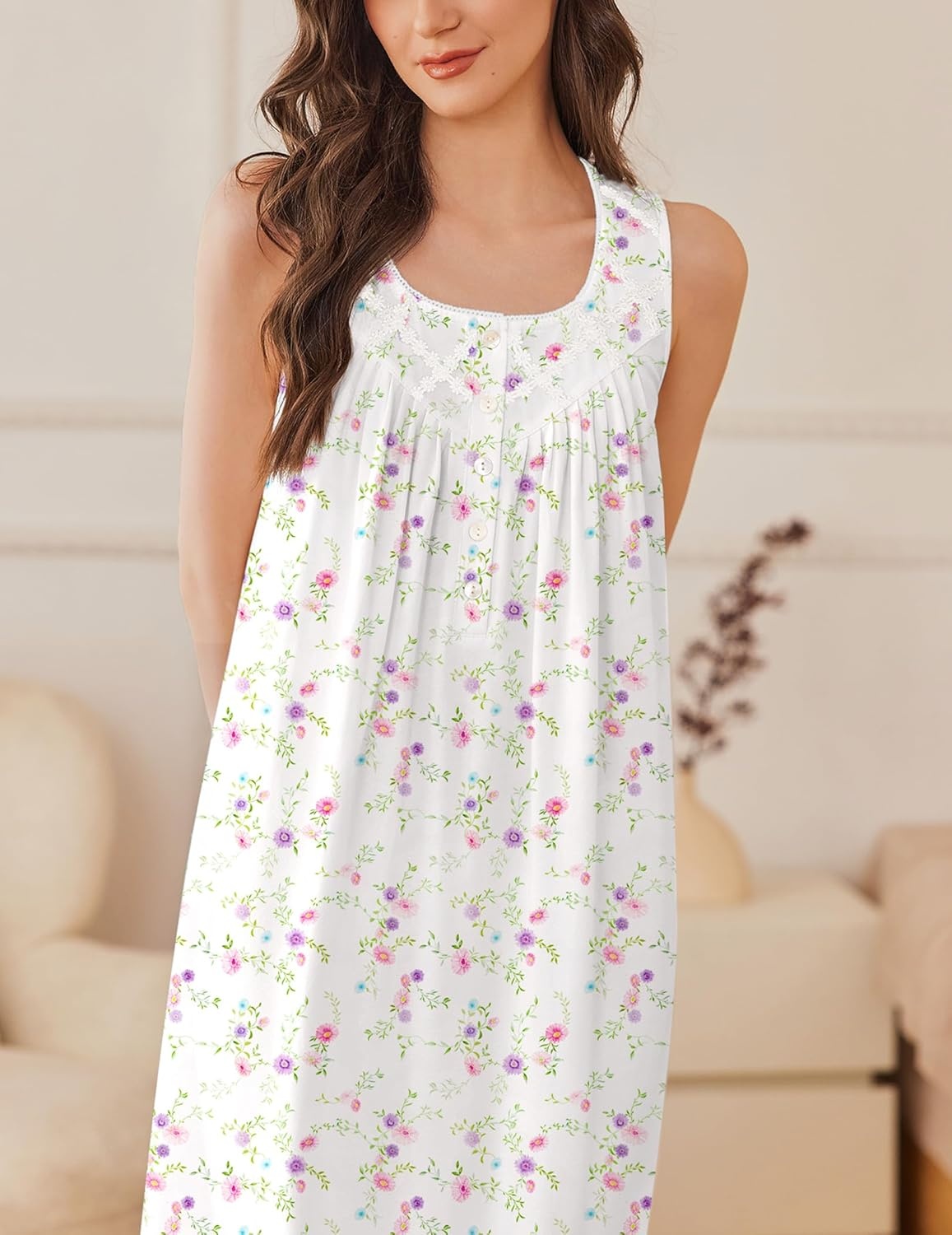 image:imageEkouaer Nightgowns for Women Cotton Long Night Gown Sleeveless Sleep Dress Victorian Nightdress Ladies SleepwearWhite Pink Lilac Florals