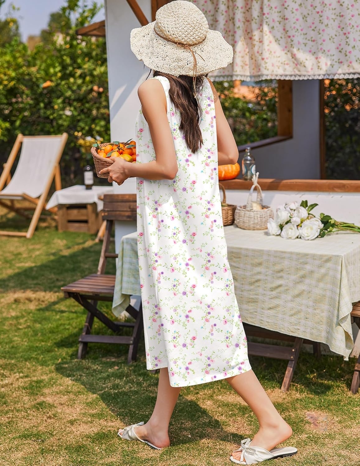 image:imageEkouaer Nightgowns for Women Cotton Long Night Gown Sleeveless Sleep Dress Victorian Nightdress Ladies SleepwearWhite Pink Lilac Florals