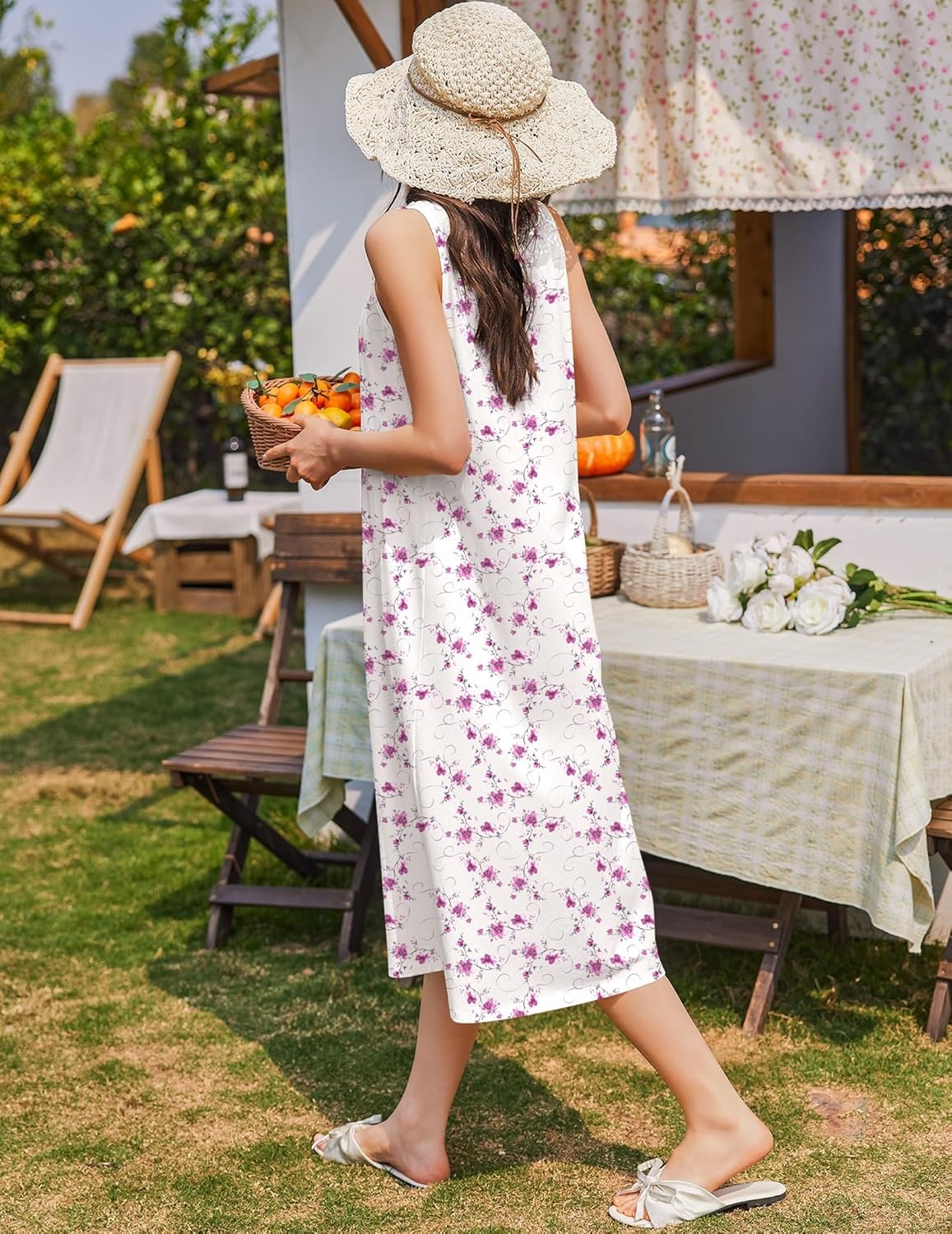 image:imageEkouaer Nightgowns for Women Cotton Long Night Gown Sleeveless Sleep Dress Victorian Nightdress Ladies SleepwearWhite Pink Line Florals