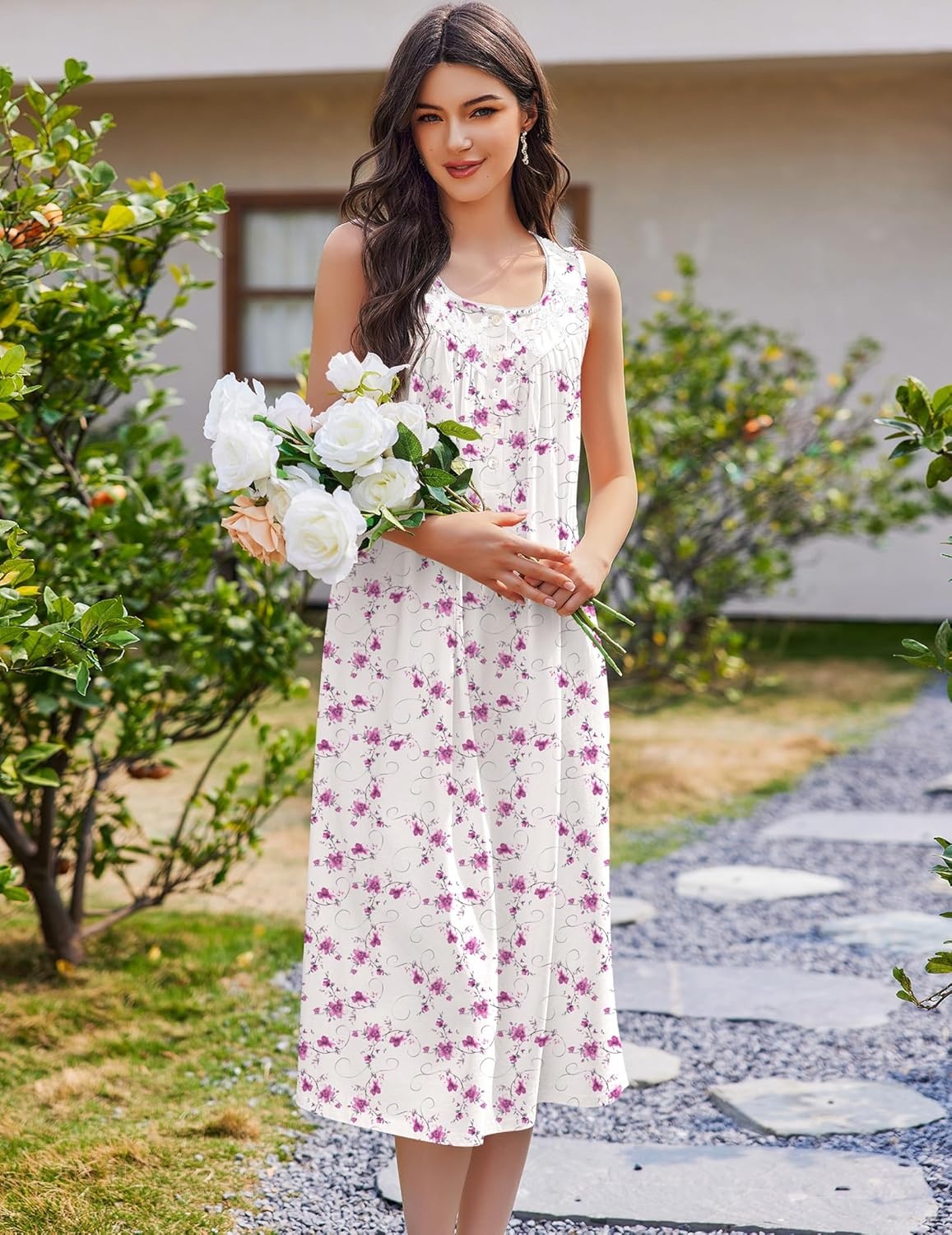 image:imageEkouaer Nightgowns for Women Cotton Long Night Gown Sleeveless Sleep Dress Victorian Nightdress Ladies SleepwearWhite Pink Line Florals