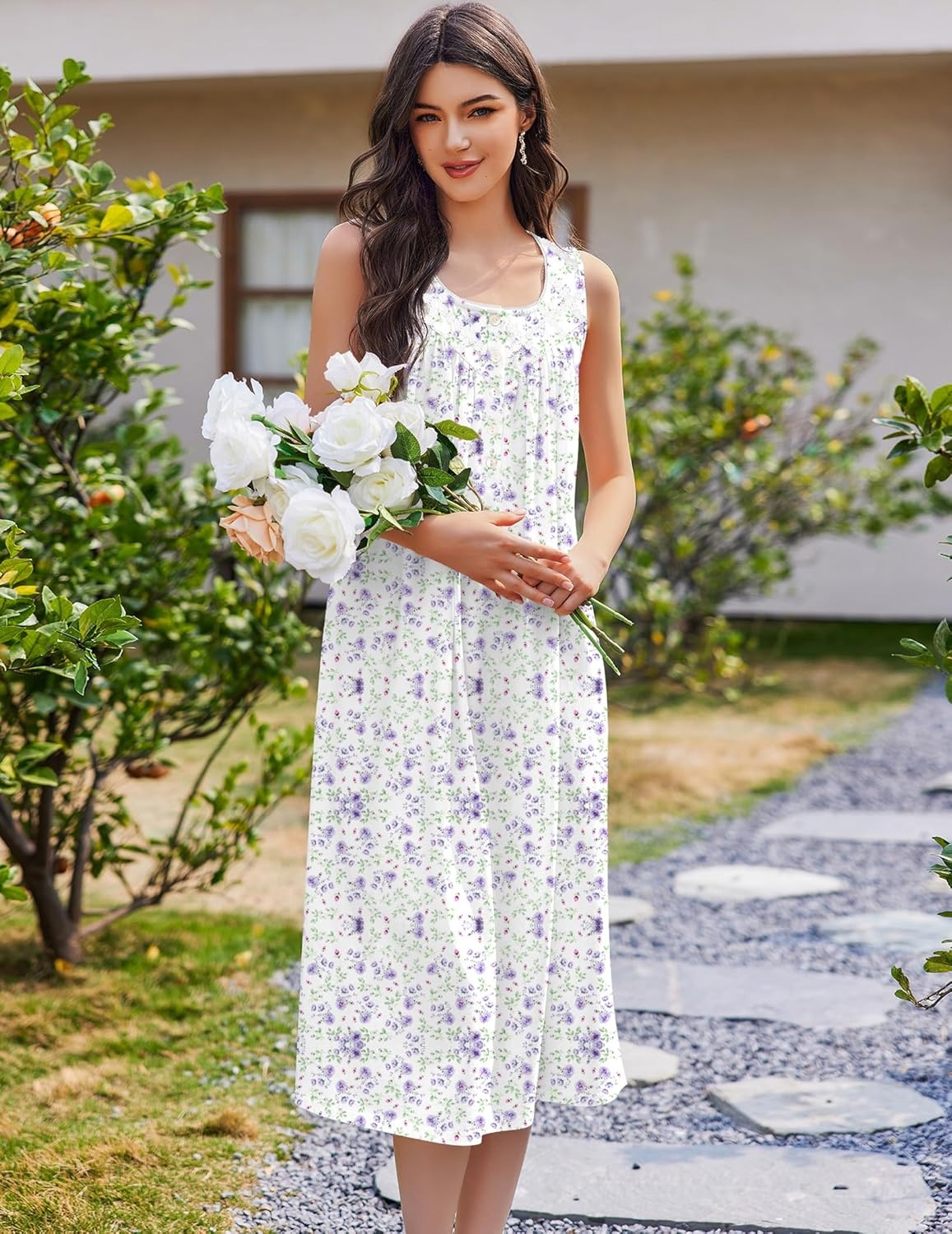 image:imageEkouaer Nightgowns for Women Cotton Long Night Gown Sleeveless Sleep Dress Victorian Nightdress Ladies SleepwearWhite Purple Florals