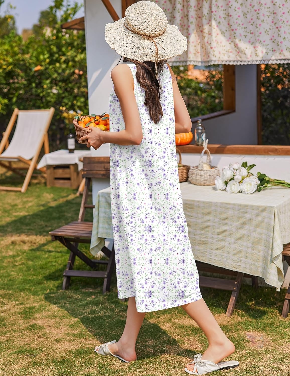 image:imageEkouaer Nightgowns for Women Cotton Long Night Gown Sleeveless Sleep Dress Victorian Nightdress Ladies SleepwearWhite Purple Florals