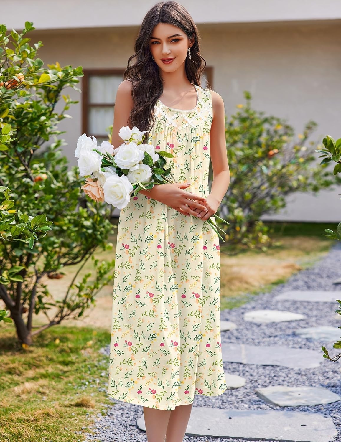 image:imageEkouaer Nightgowns for Women Cotton Long Night Gown Sleeveless Sleep Dress Victorian Nightdress Ladies SleepwearYellow Green Leaf