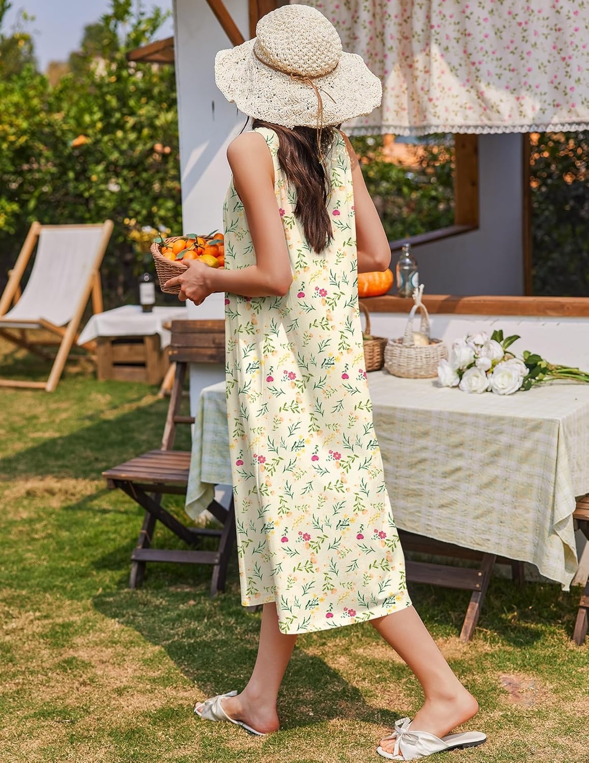 image:imageEkouaer Nightgowns for Women Cotton Long Night Gown Sleeveless Sleep Dress Victorian Nightdress Ladies SleepwearYellow Green Leaf