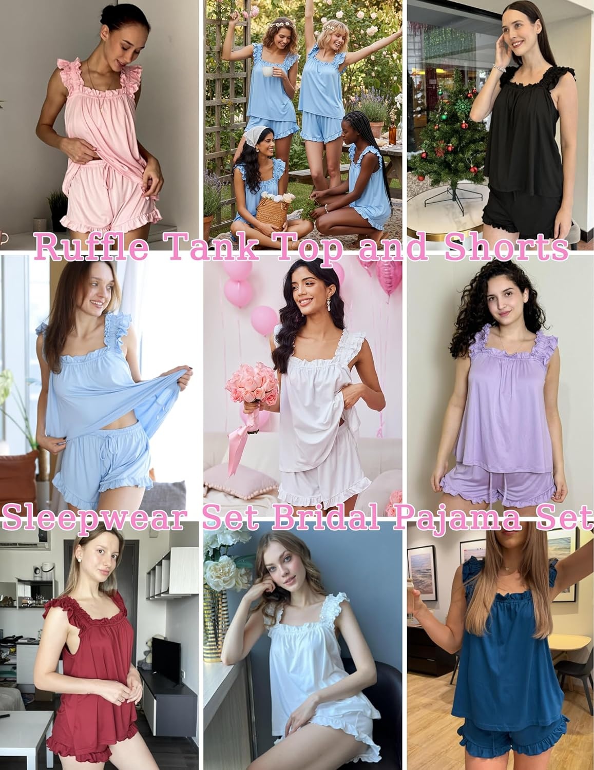 image:imageEkouaer Pajama for Women Set 2 Piece Ruffle Pjs Soft Tank Top and Shorts Sleepwear Set Bridal Pajama Set for WomenPink Hearts