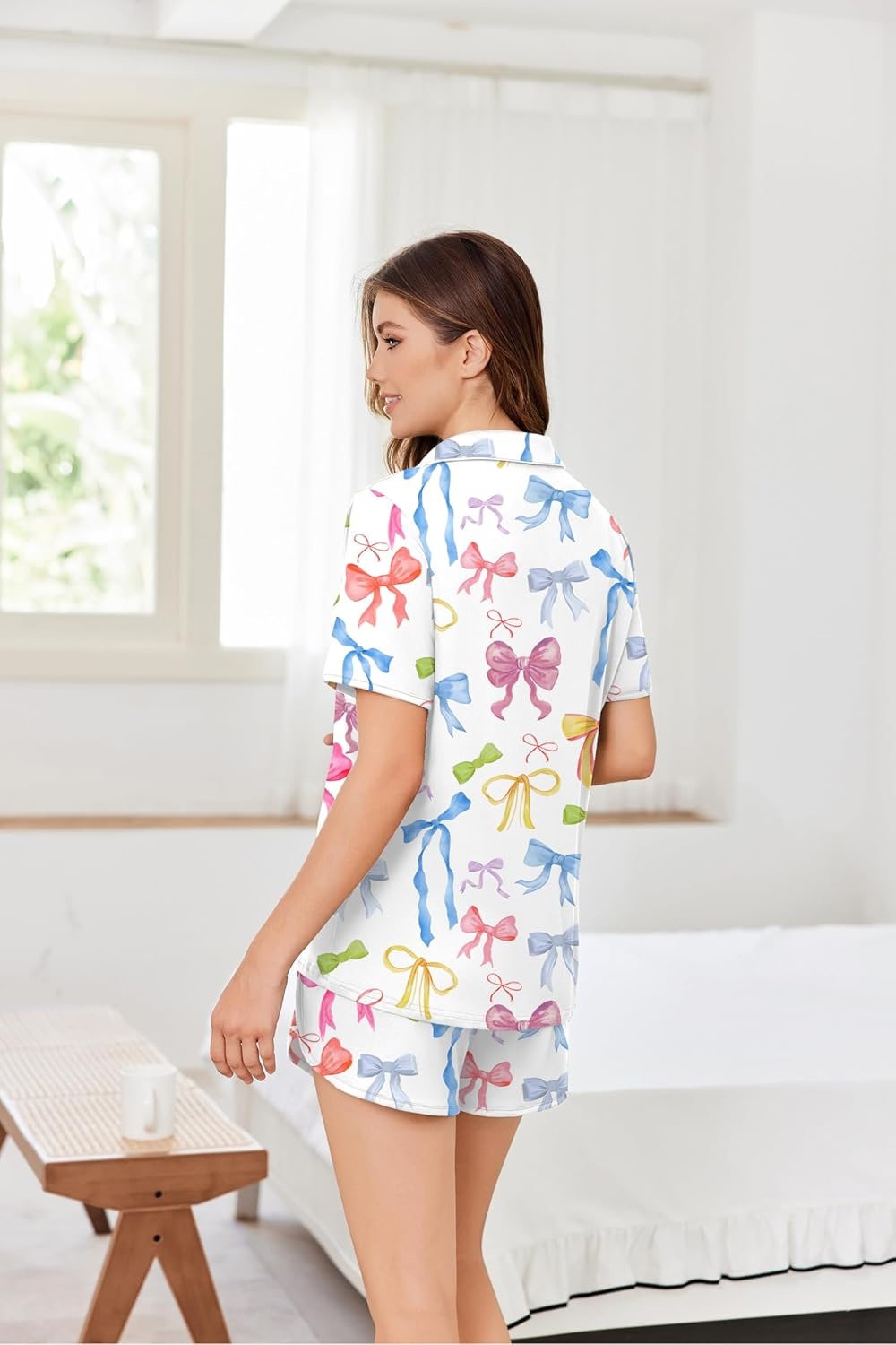 image:imageEkouaer Pajamas for Women Set Button Up Sleepwear 2 Piece Pjs Lounge Set Short Sleeve NightwearColorful Bow