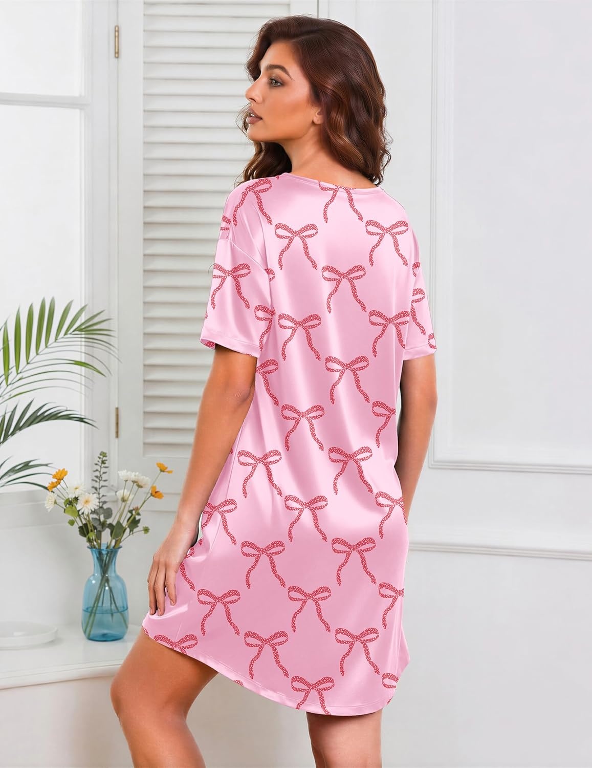 image:imageEkouaer Satin Nightgowns for Women Silk Short Sleeve Nightshirt Silky T shirt Night Gown V Neck Sleepshirt Loose SleepwearButterfly Deep Pink