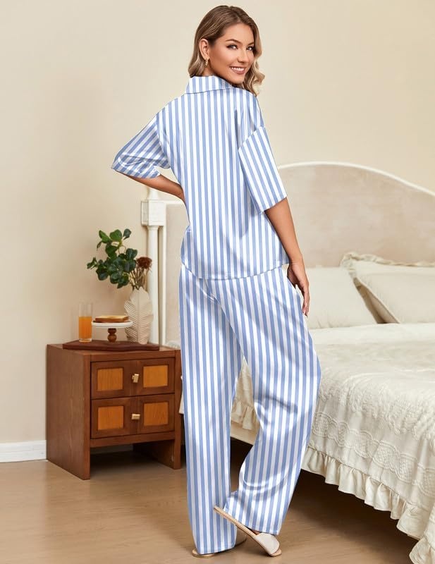 image:imageEkouaer Silk Satin Pajamas Set Women Short Sleeve Pj Sets Button Down Sleepwear 2 Piece Soft Loungewear SXXLBlue Stripes