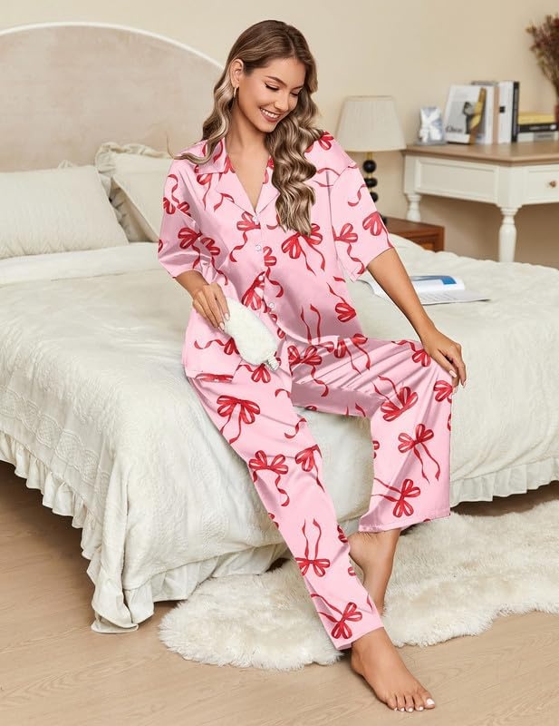image:imageEkouaer Silk Satin Pajamas Set Women Short Sleeve Pj Sets Button Down Sleepwear 2 Piece Soft Loungewear SXXLRed Bow