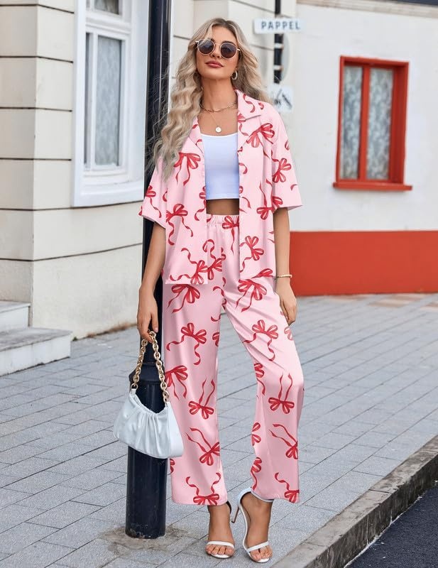 image:imageEkouaer Silk Satin Pajamas Set Women Short Sleeve Pj Sets Button Down Sleepwear 2 Piece Soft Loungewear SXXLRed Bow
