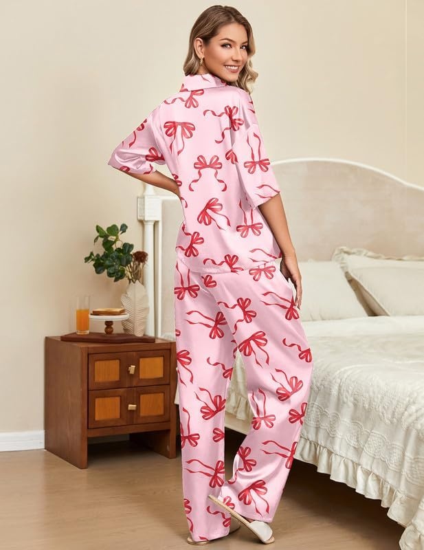 image:imageEkouaer Silk Satin Pajamas Set Women Short Sleeve Pj Sets Button Down Sleepwear 2 Piece Soft Loungewear SXXLRed Bow