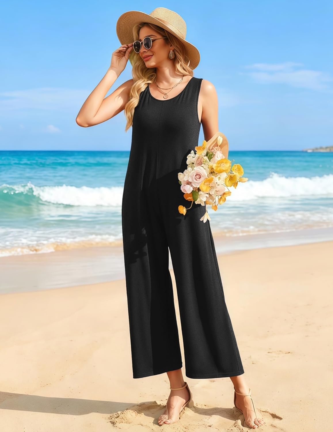 image:imageEkouaer Sleeveless Jumpsuits for Women Casual Summer Scoop Neck Tank Rompers Wide Leg Pants Overall Jumpers with PocketsBlack