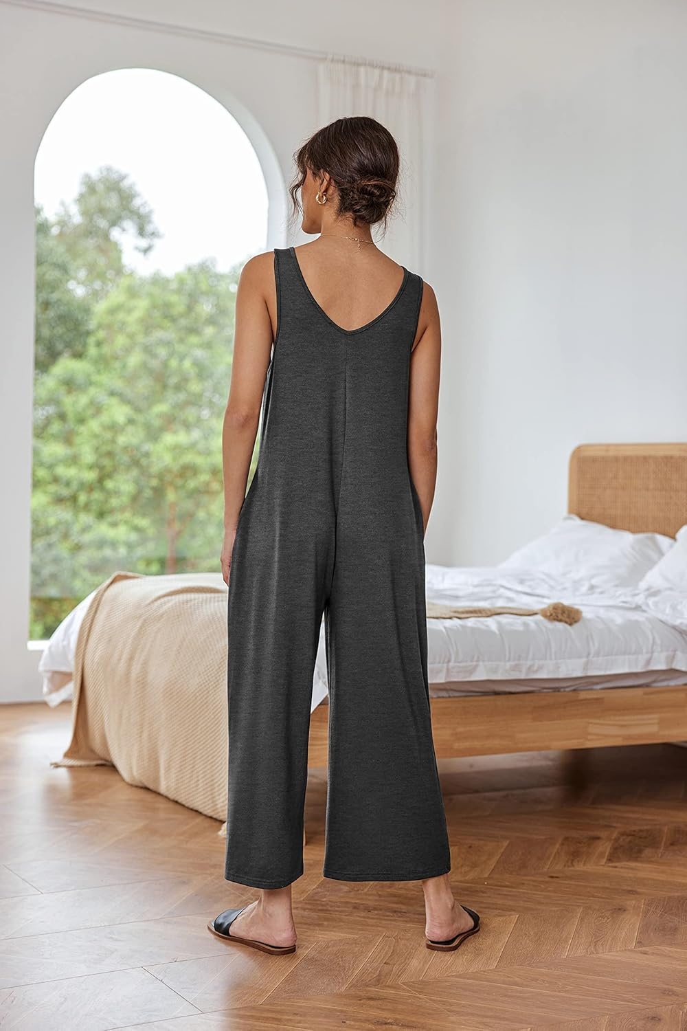 image:imageEkouaer Sleeveless Jumpsuits for Women Casual Summer Scoop Neck Tank Rompers Wide Leg Pants Overall Jumpers with PocketsDark Gray