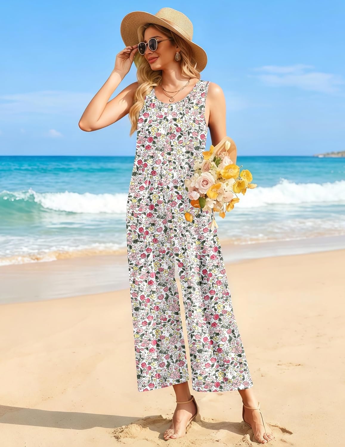 image:imageEkouaer Sleeveless Jumpsuits for Women Casual Summer Scoop Neck Tank Rompers Wide Leg Pants Overall Jumpers with PocketsPink Flower