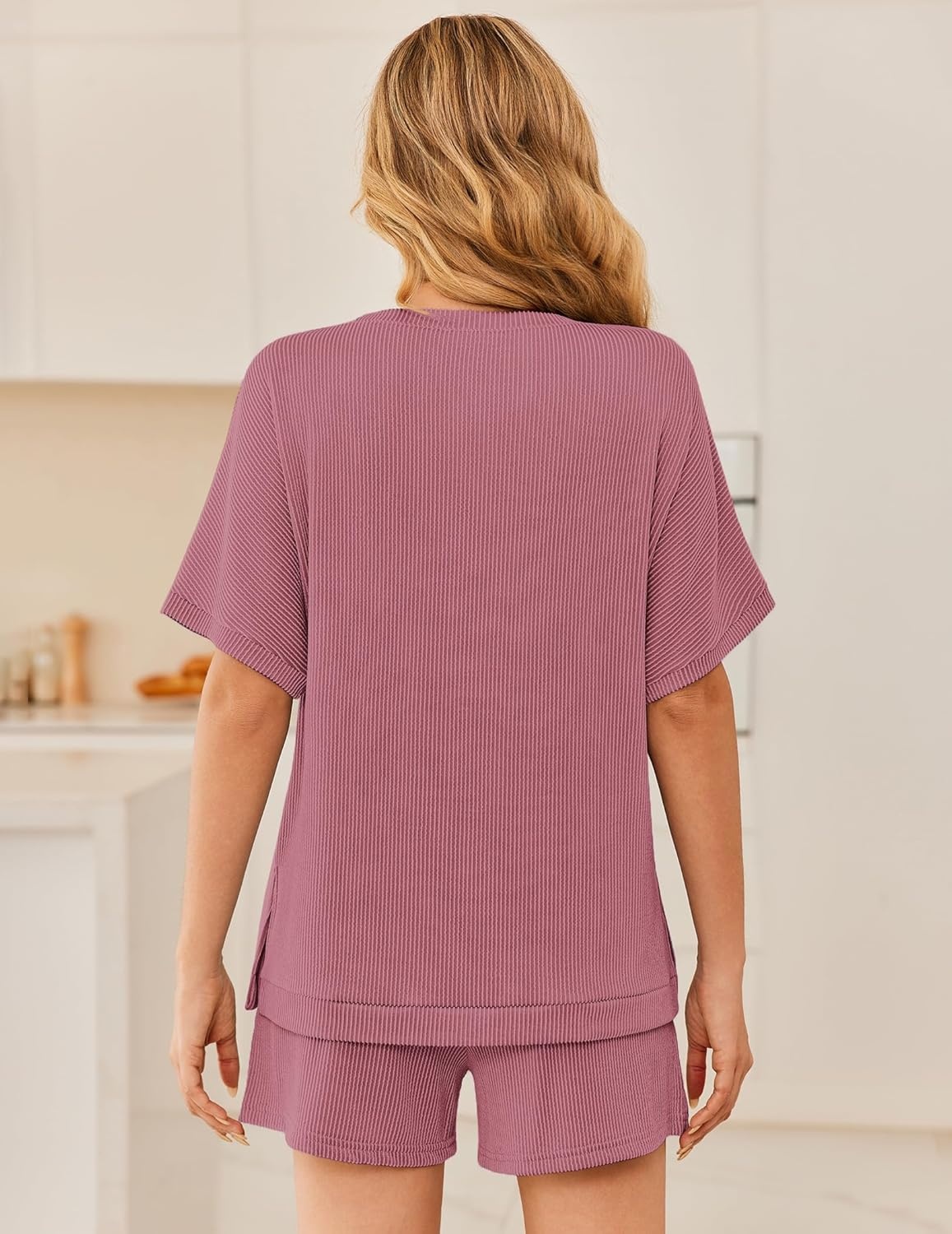 image:imageEkouaer Women 2 Piece Lounge Set 2026 Summer Cruise Outfits Ribbed Loose Short Sleeve Matching Sets with pocketGeranium Pink