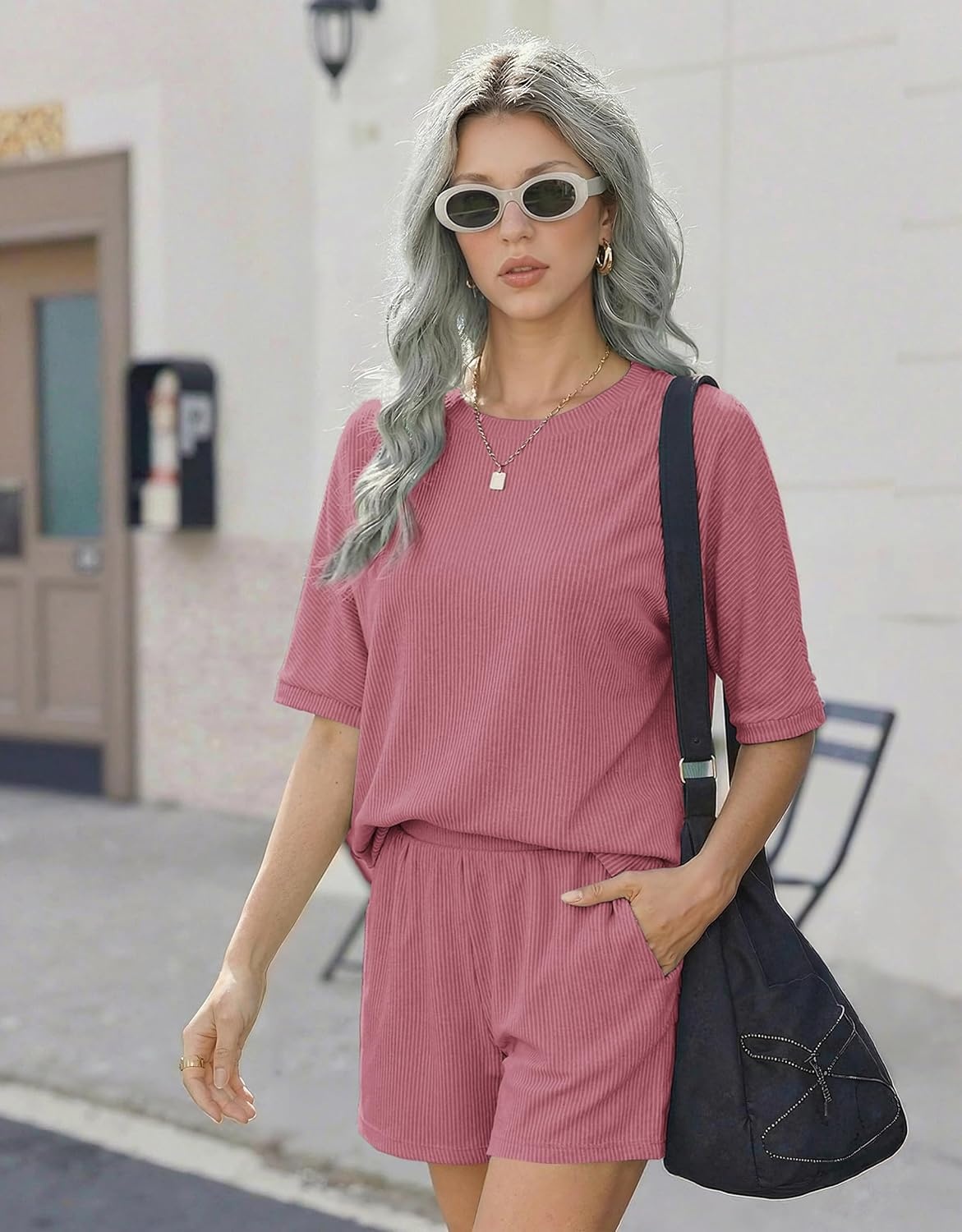 image:imageEkouaer Women 2 Piece Lounge Set 2026 Summer Cruise Outfits Ribbed Loose Short Sleeve Matching Sets with pocketGeranium Pink
