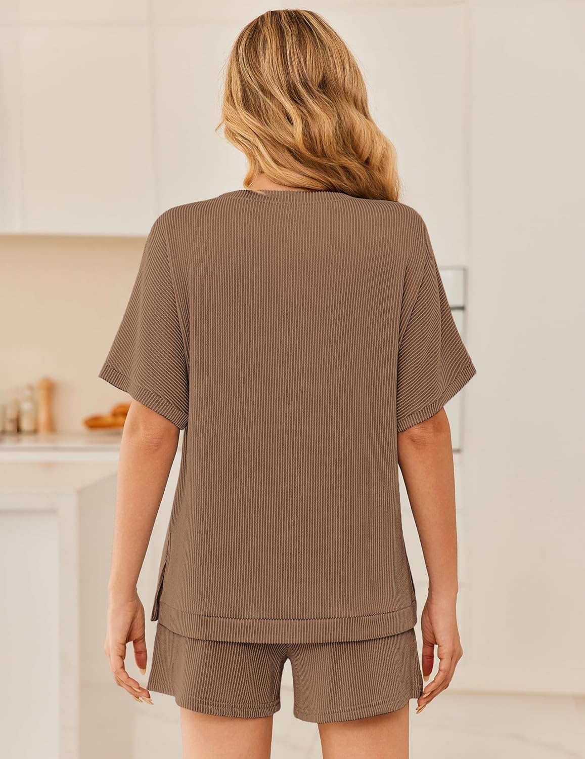 image:imageEkouaer Women 2 Piece Lounge Set 2026 Summer Cruise Outfits Ribbed Loose Short Sleeve Matching Sets with pocketLight Brown