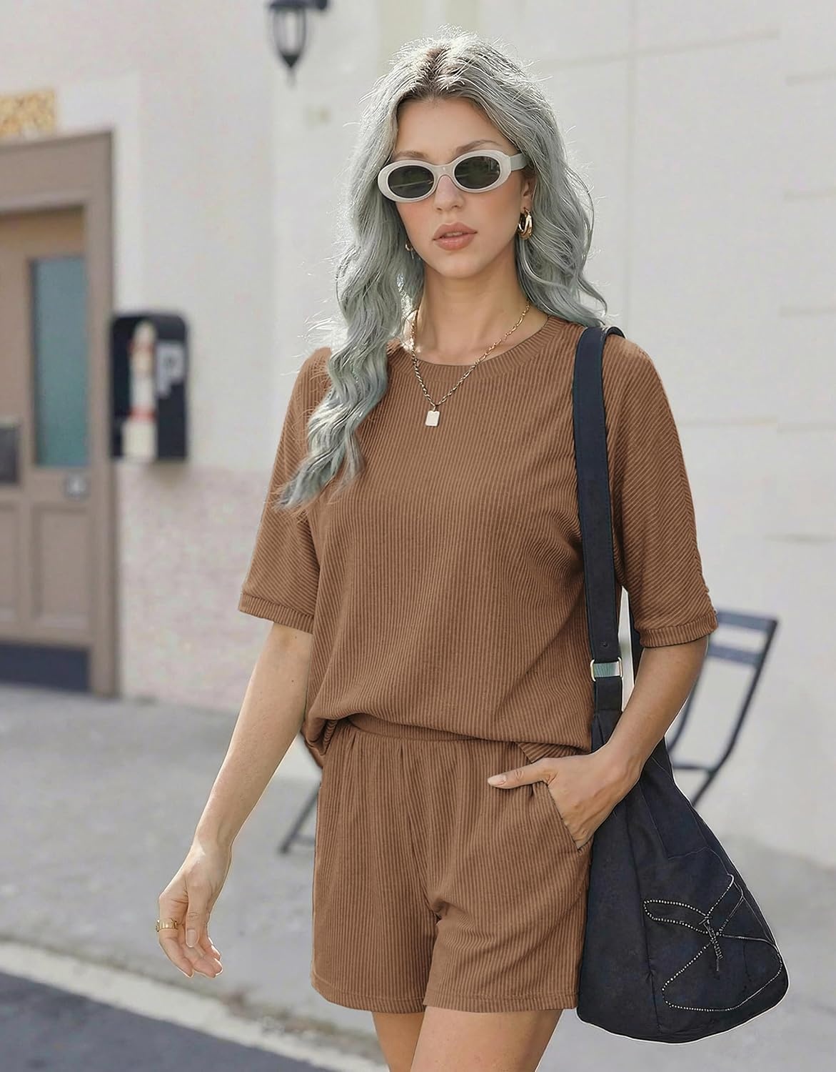image:imageEkouaer Women 2 Piece Lounge Set 2026 Summer Cruise Outfits Ribbed Loose Short Sleeve Matching Sets with pocketLight Brown