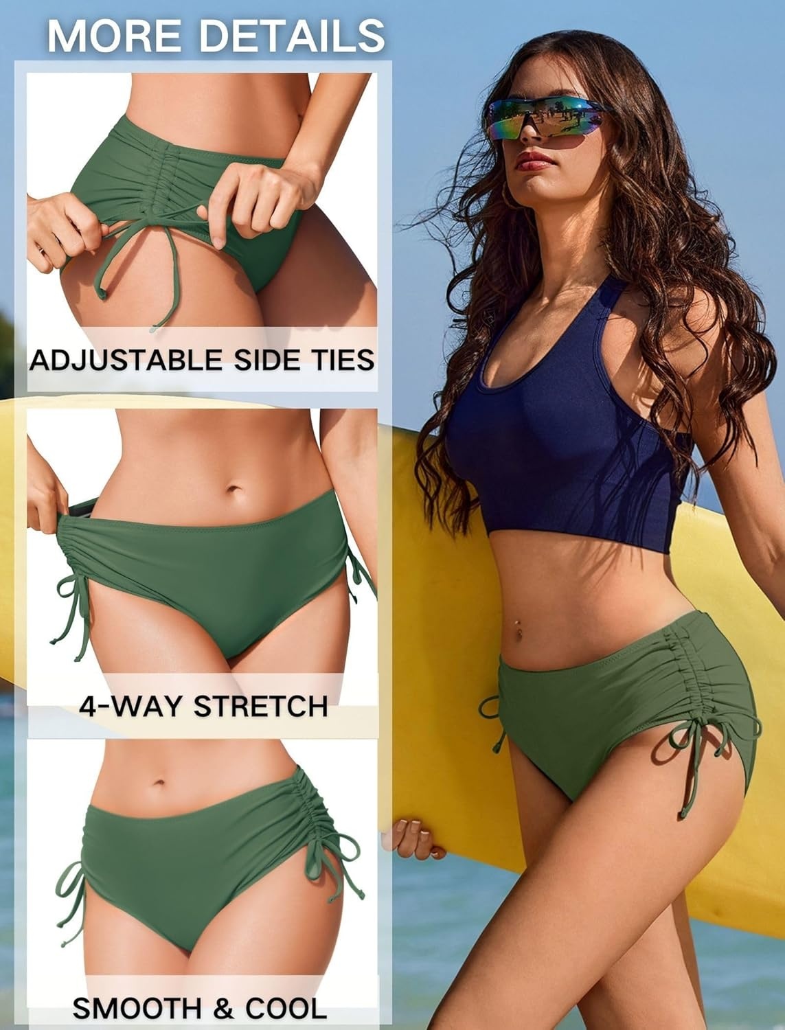 image:imageEkouaer Women Bikini Bottoms Mid Waist Swim Bathing Suit Bottom Full Coverage Swimsuit ShortsXSXXLArmy Green
