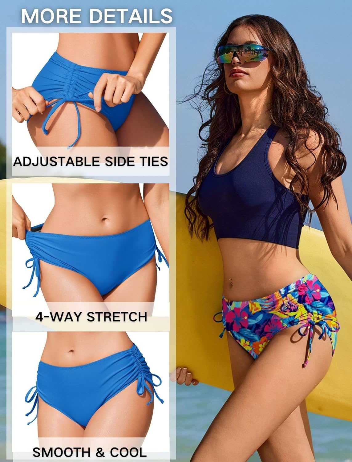 image:imageEkouaer Women Bikini Bottoms Mid Waist Swim Bathing Suit Bottom Full Coverage Swimsuit ShortsXSXXLSky Blue Floral