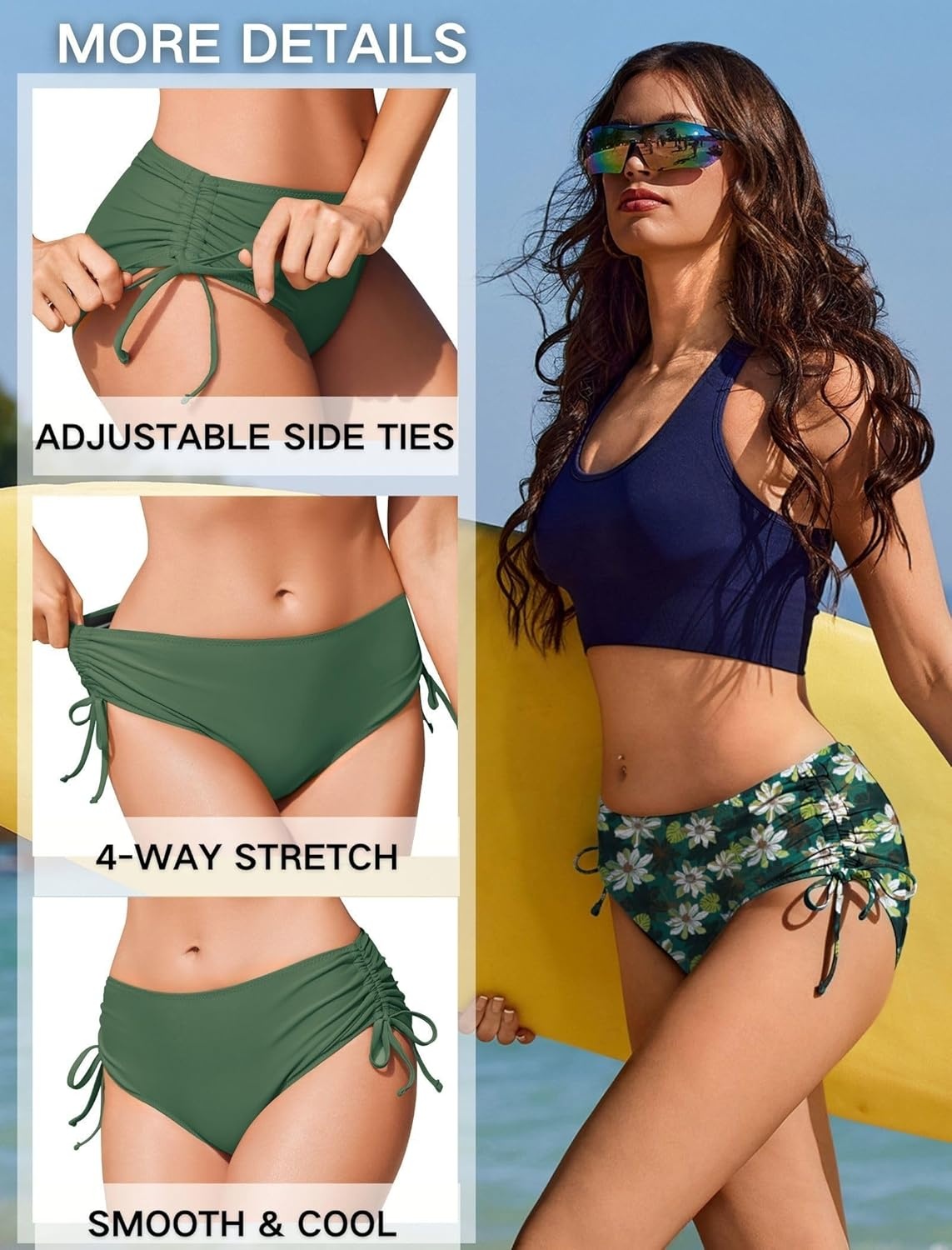 image:imageEkouaer Women Bikini Bottoms Mid Waist Swim Bathing Suit Bottom Full Coverage Swimsuit ShortsXSXXLWhite Flowers Green Leaves
