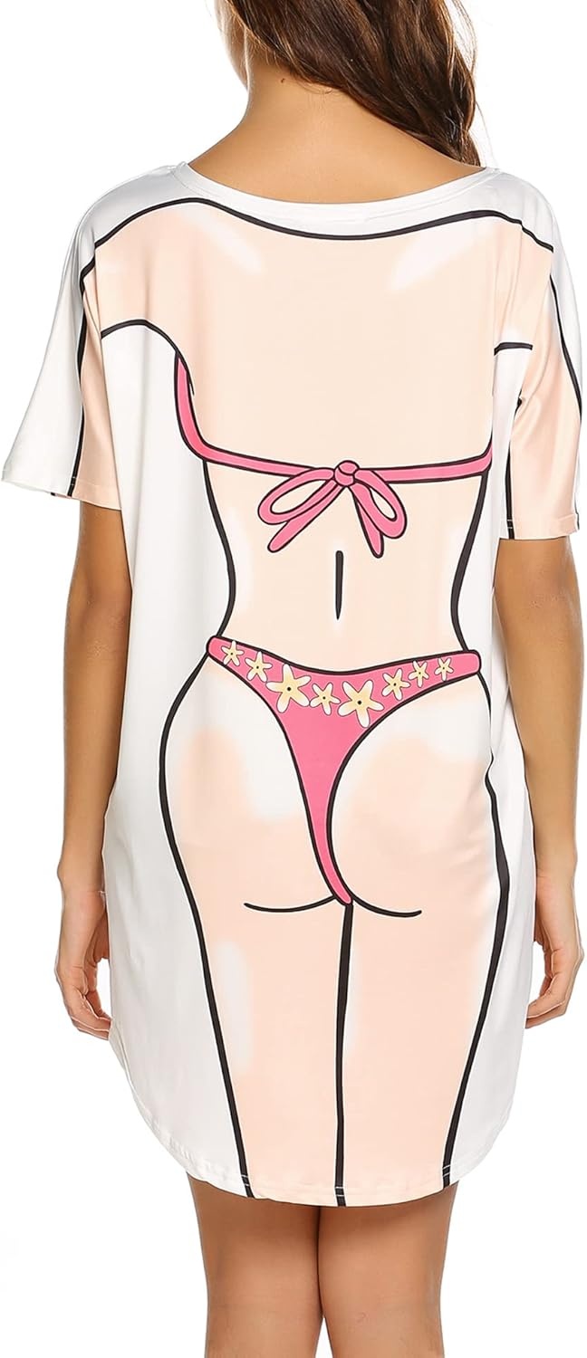 image:imageEkouaer Womens Bikini Shirt Cover Up Short Sleeve Cute Bikini Print CoverUp Baggy T Shirt Dress Fun WearApink Bikini