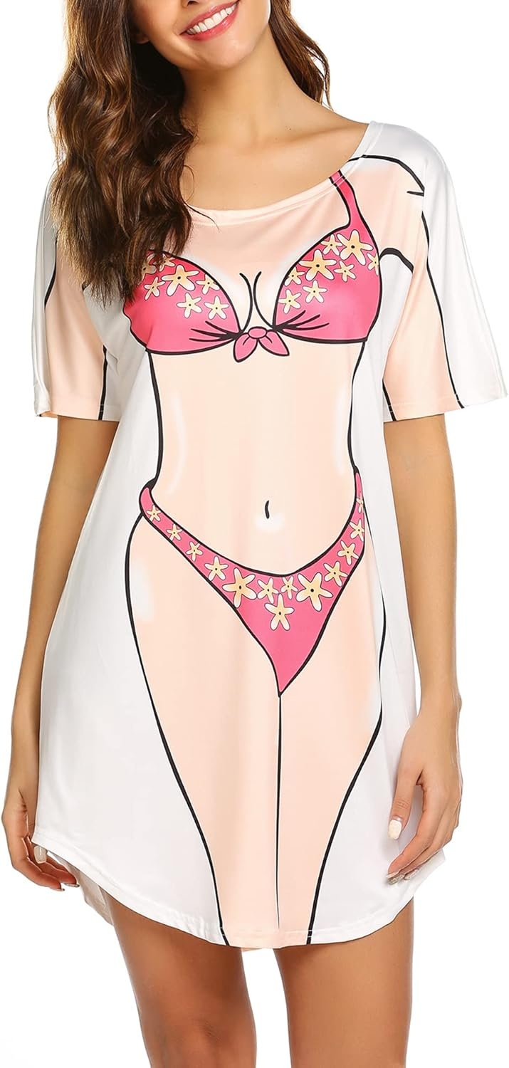 image:imageEkouaer Womens Bikini Shirt Cover Up Short Sleeve Cute Bikini Print CoverUp Baggy T Shirt Dress Fun WearApink Bikini