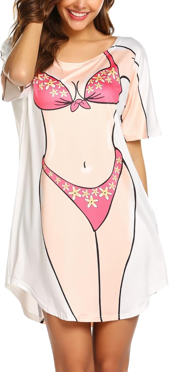 image:imageEkouaer Womens Bikini Shirt Cover Up Short Sleeve Cute Bikini Print CoverUp Baggy T Shirt Dress Fun WearApink Bikini