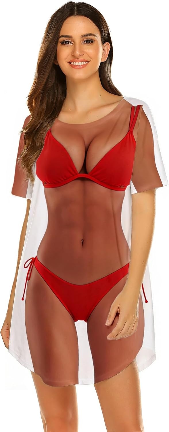 image:imageEkouaer Womens Bikini Shirt Cover Up Short Sleeve Cute Bikini Print CoverUp Baggy T Shirt Dress Fun WearBikini Red