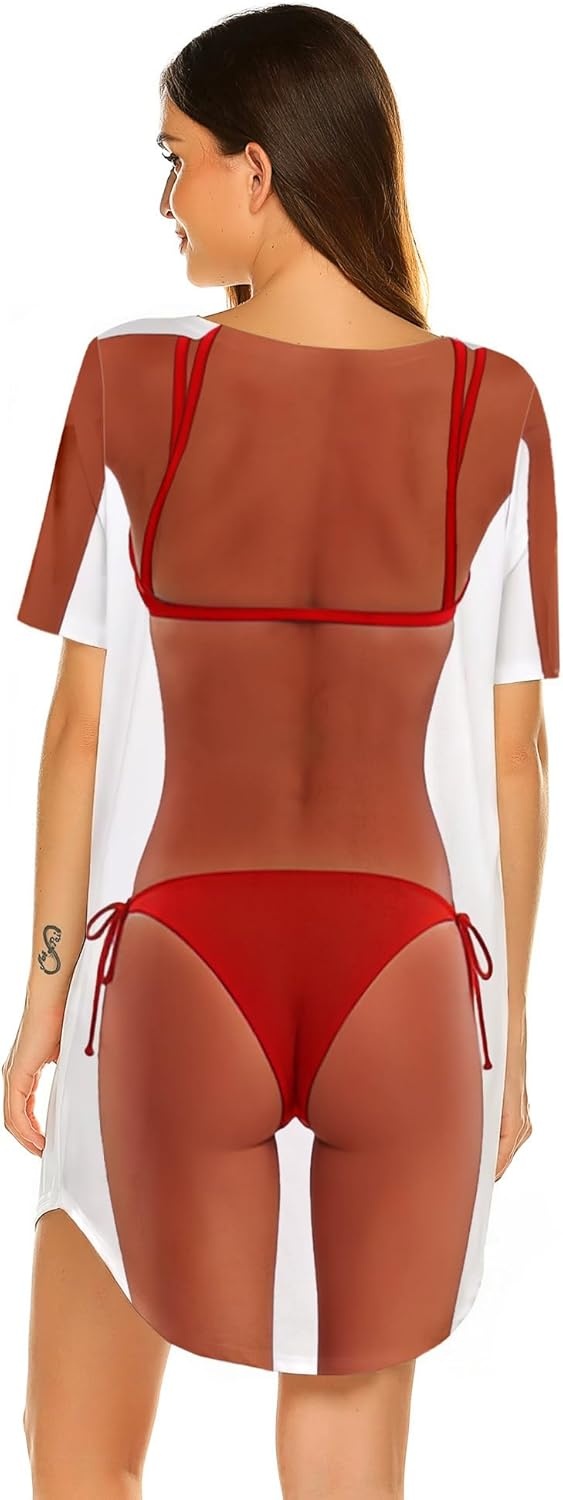 image:imageEkouaer Womens Bikini Shirt Cover Up Short Sleeve Cute Bikini Print CoverUp Baggy T Shirt Dress Fun WearBikini Red
