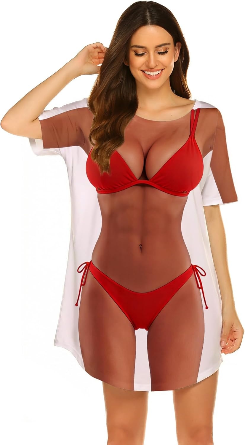 image:imageEkouaer Womens Bikini Shirt Cover Up Short Sleeve Cute Bikini Print CoverUp Baggy T Shirt Dress Fun WearBikini Red