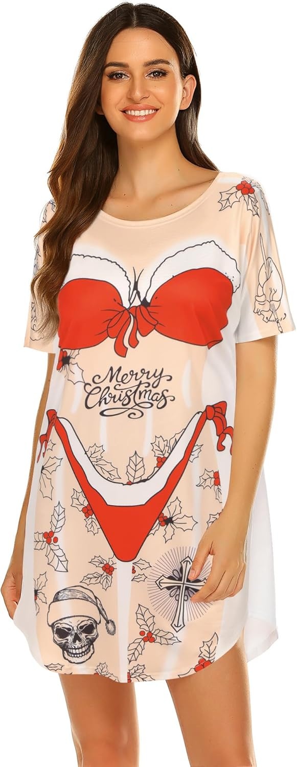 image:imageEkouaer Womens Bikini Shirt Cover Up Short Sleeve Cute Bikini Print CoverUp Baggy T Shirt Dress Fun WearChristmas