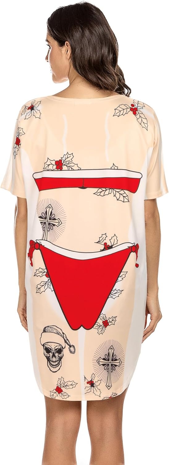 image:imageEkouaer Womens Bikini Shirt Cover Up Short Sleeve Cute Bikini Print CoverUp Baggy T Shirt Dress Fun WearChristmas