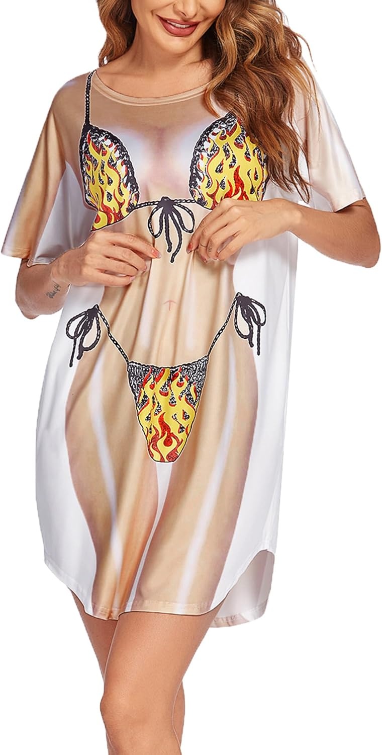 image:imageEkouaer Womens Bikini Shirt Cover Up Short Sleeve Cute Bikini Print CoverUp Baggy T Shirt Dress Fun WearFlame Print