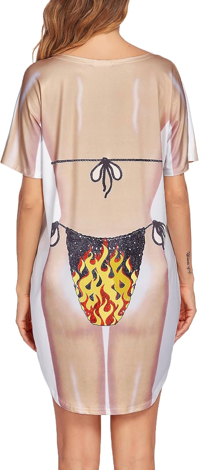 image:imageEkouaer Womens Bikini Shirt Cover Up Short Sleeve Cute Bikini Print CoverUp Baggy T Shirt Dress Fun WearFlame Print
