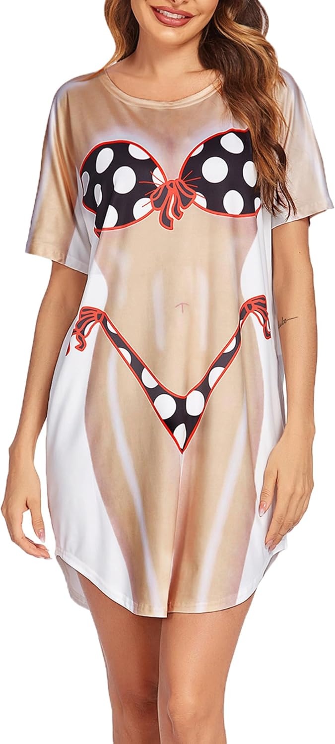 image:imageEkouaer Womens Bikini Shirt Cover Up Short Sleeve Cute Bikini Print CoverUp Baggy T Shirt Dress Fun WearPolka Dot