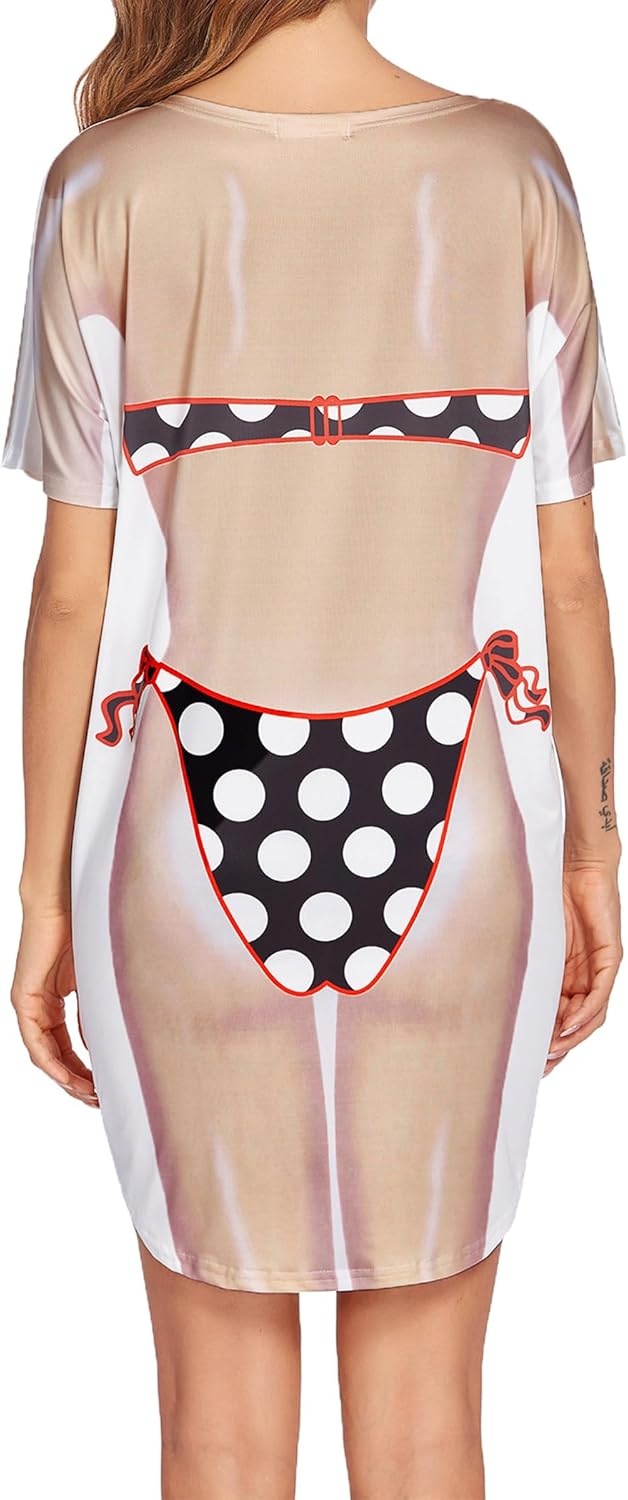 image:imageEkouaer Womens Bikini Shirt Cover Up Short Sleeve Cute Bikini Print CoverUp Baggy T Shirt Dress Fun WearPolka Dot