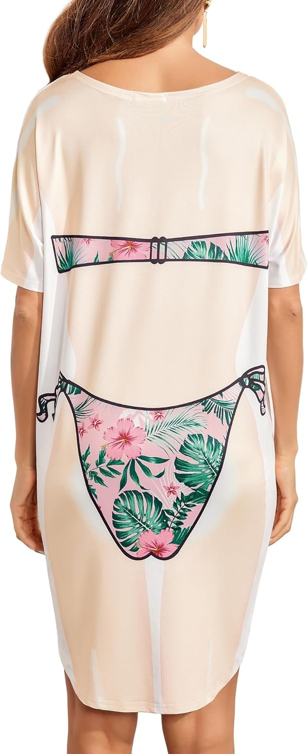 image:imageEkouaer Womens Bikini Shirt Cover Up Short Sleeve Cute Bikini Print CoverUp Baggy T Shirt Dress Fun WearTropical Floral