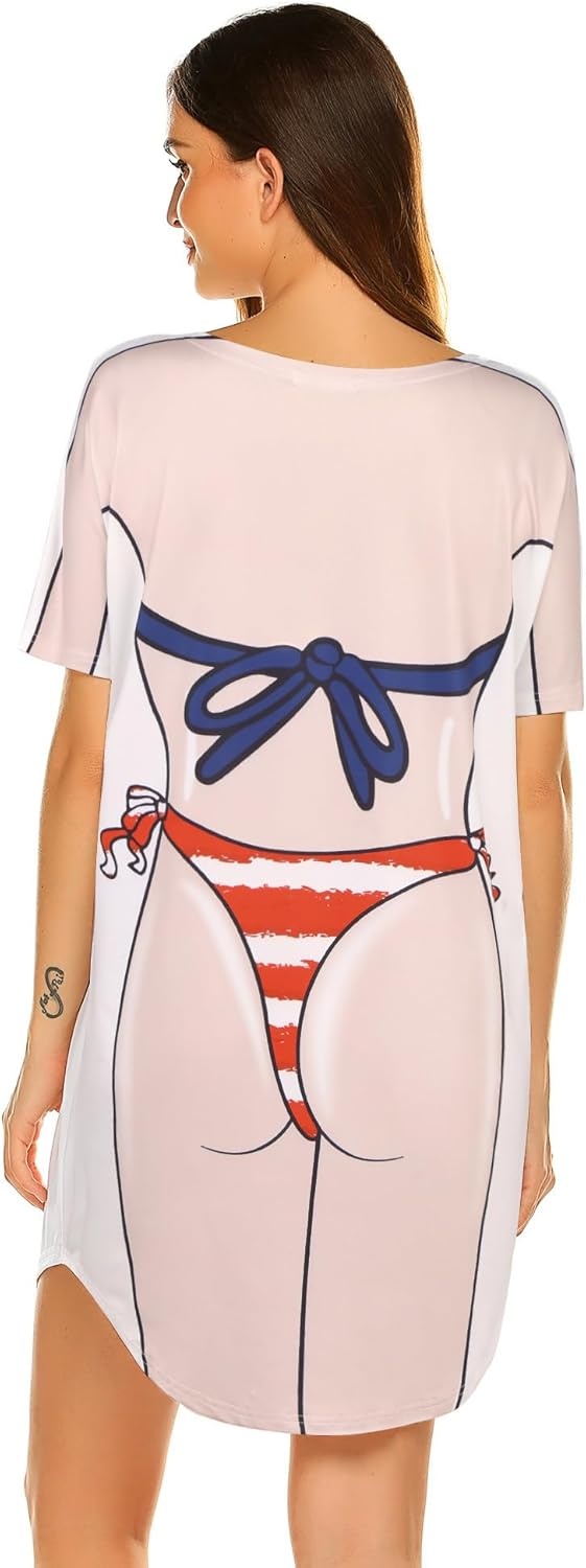 image:imageEkouaer Womens Bikini Shirt Cover Up Short Sleeve Cute Bikini Print CoverUp Baggy T Shirt Dress Fun WearUsa Flag 3