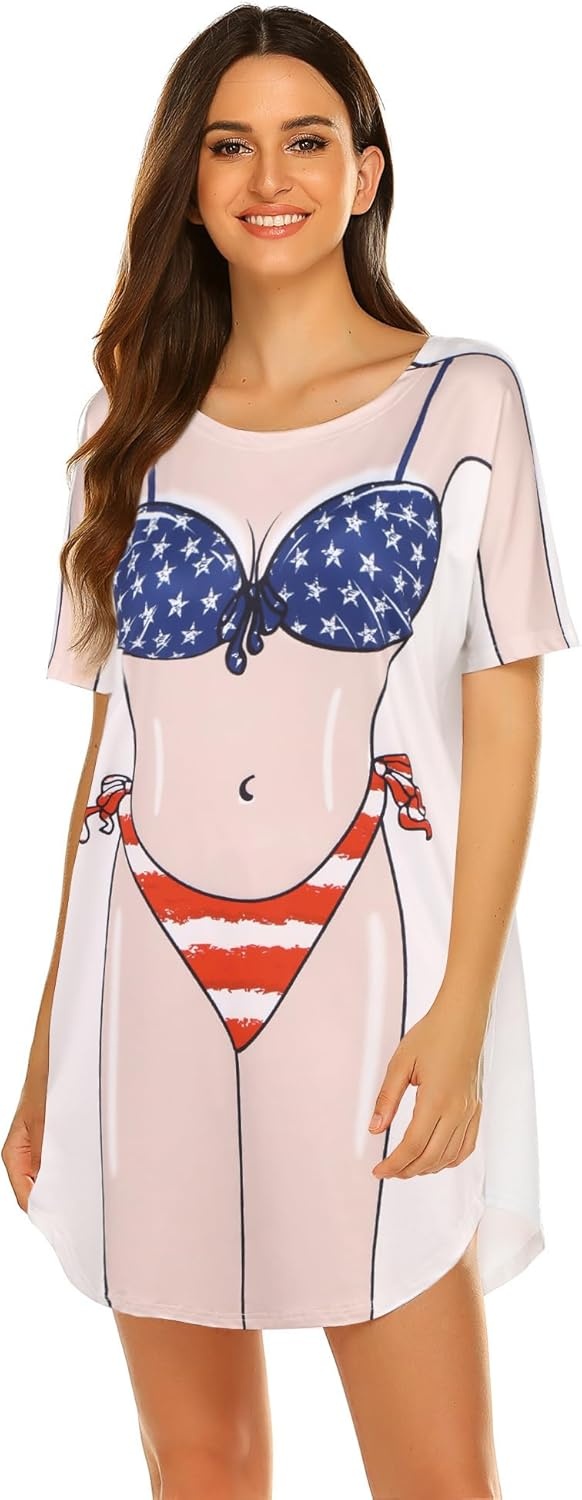 image:imageEkouaer Womens Bikini Shirt Cover Up Short Sleeve Cute Bikini Print CoverUp Baggy T Shirt Dress Fun WearUsa Flag 3