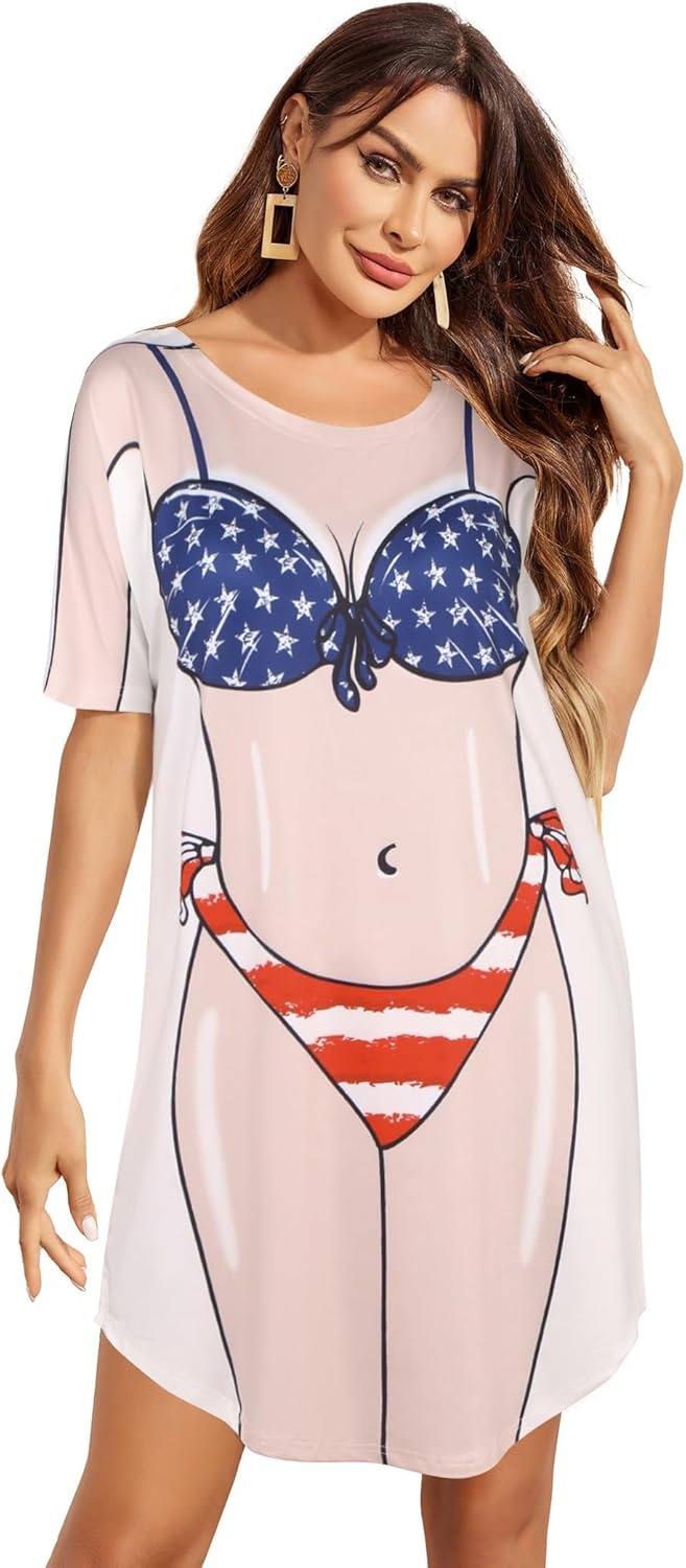 image:imageEkouaer Womens Bikini Shirt Cover Up Short Sleeve Cute Bikini Print CoverUp Baggy T Shirt Dress Fun WearUsa Flag 3